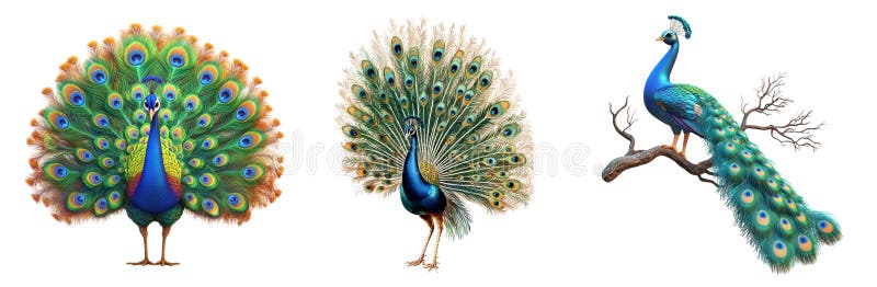 Pack Peacock perched on a tree branch set against transparent background for wildlife content naturethemed visuals or stock illustration