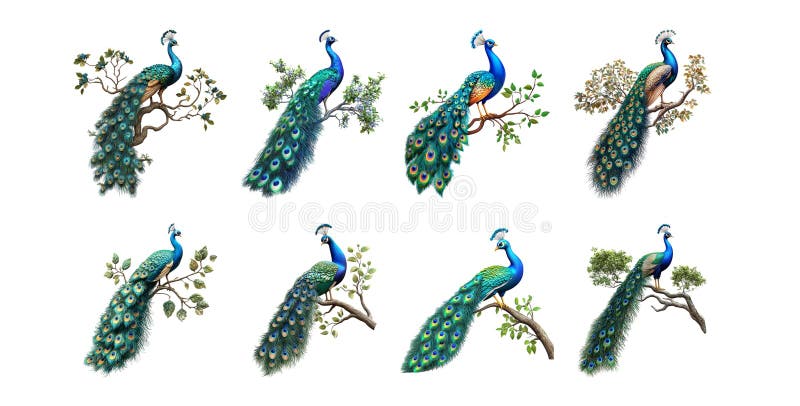 Pack Peacock perched on a tree branch set against transparent background for wildlife content naturethemed visuals or stock illustration