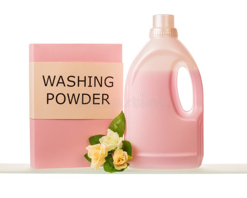 Pack washing powder and fabric conditioner bottle isolated on white. royalty free stock photos