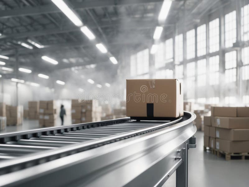 Package on Conveyor Belt in Large Distribution Center. stock illustration