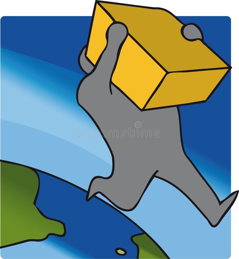 Cartoon of Stylised man delivering package or box across continents and oceans. Removals symbol vectors