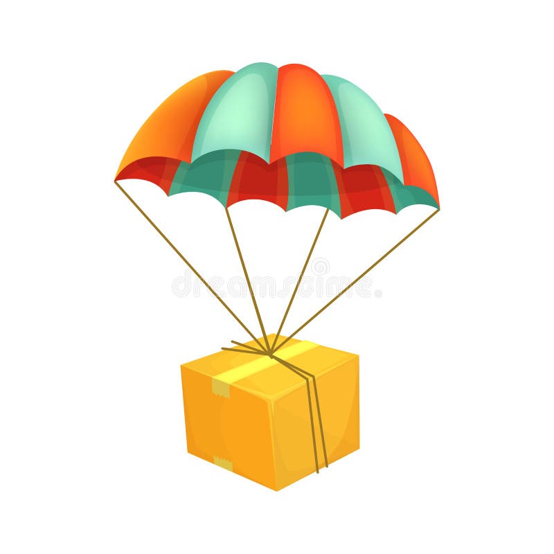 Package flying on parachute. Air shipping. Box vector icon. Delivery service concept. stock illustration Package flying on parachute. Air shipping. Box vector icon. Delivery service concept. stock illustration