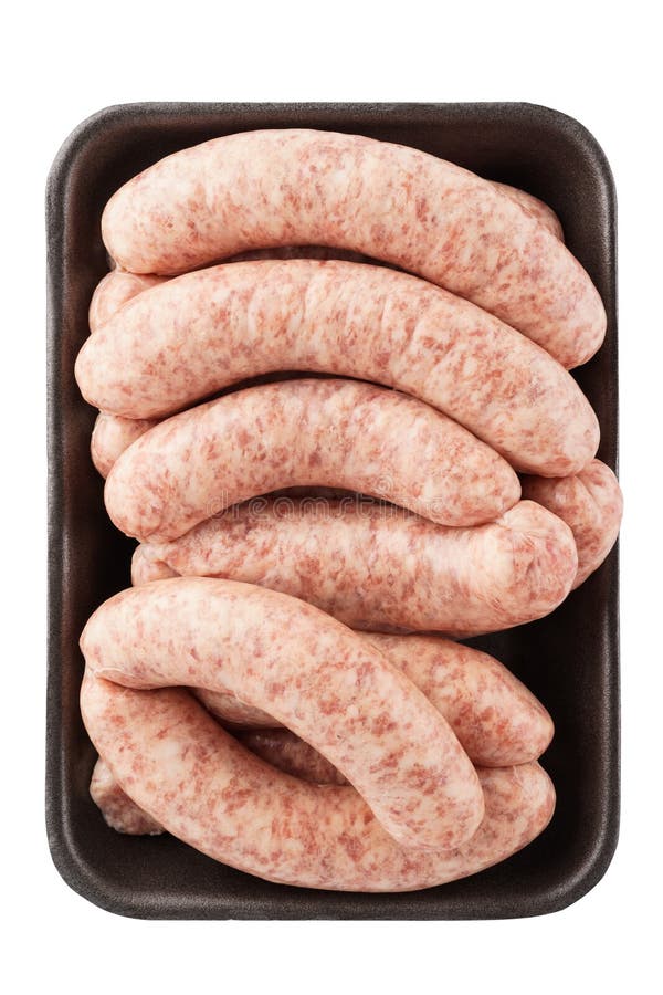 Package of Raw Beef or Pork Sausages Isolated on White Stock Image