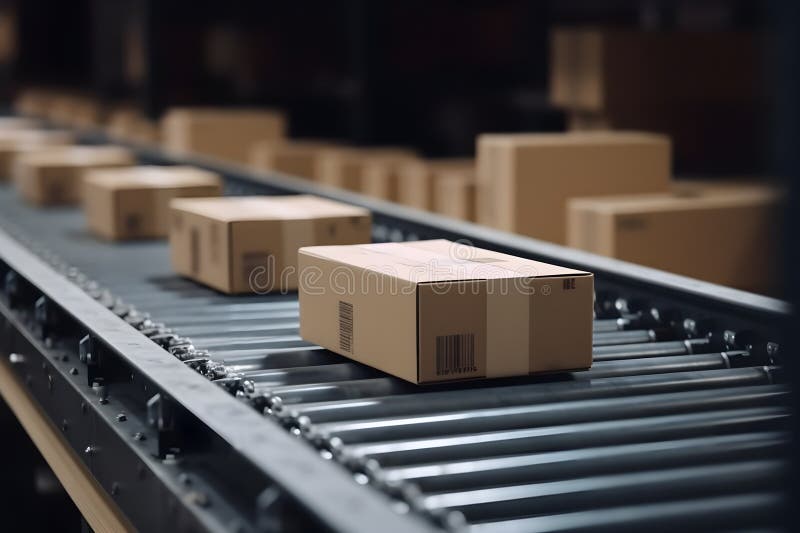 Packages on an Industrial Conveyor Belt. Automatic Logistics Management