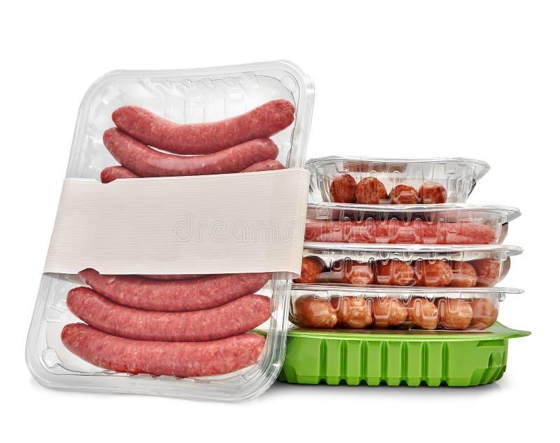 Packages Sausages in a Studio Setting, Isolated on White Stock Image