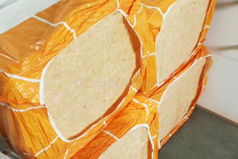 Packages of Thermal Insulation Material Indoors, Closeup Stock Photo
