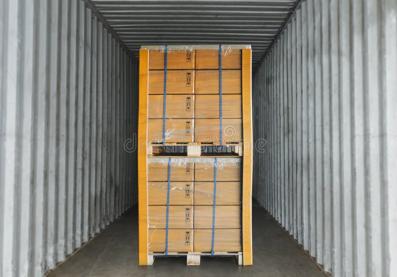 Packaging Boxes Stacked Wrapped Plastic on Pallets Loading into