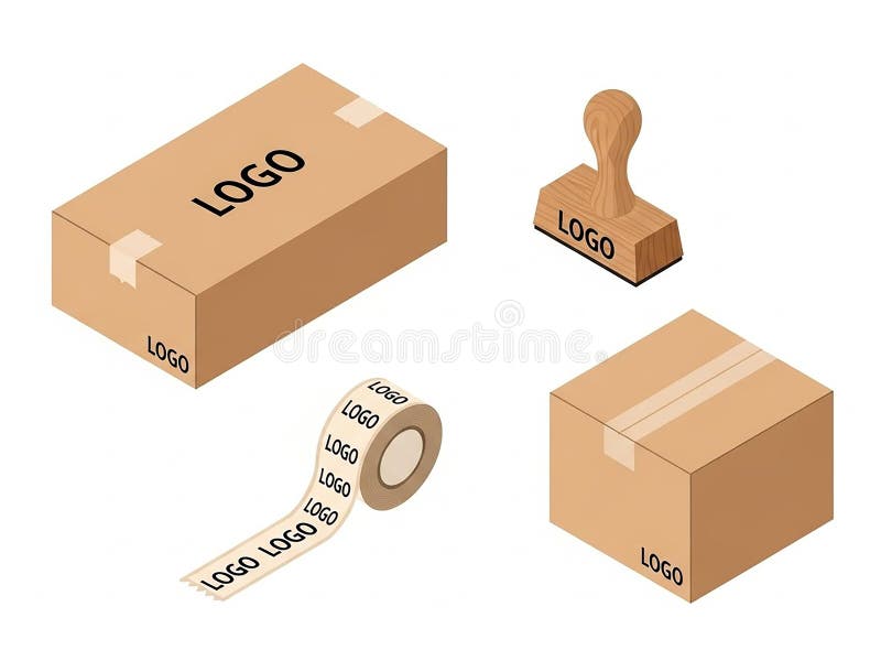 Packaging materials with custom logo designs. An assortment of packaging materials including boxes, tape, and a stamp, all featuring custom logo designs. Packaging tape logo illustrations