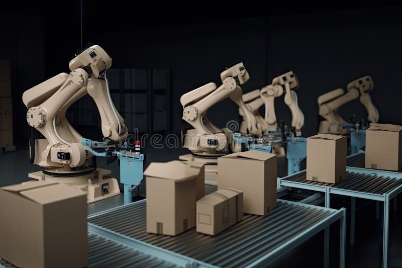 Packaging and sorting robot, in motion, sorting packages into different bins vector illustration