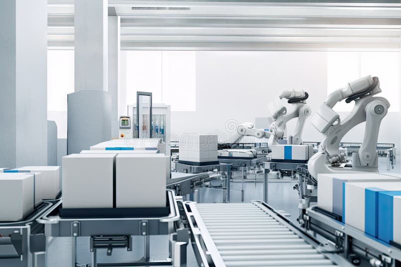 Packaging and sorting robot, in motion, sorting packages into different bins vector illustration