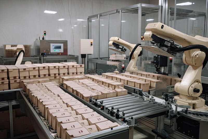 Packaging and sorting robot, placing items into boxes royalty free illustration
