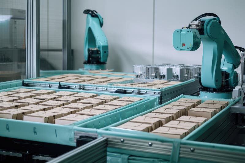 Packaging and sorting robot, sorting products into different boxes and crates stock illustration