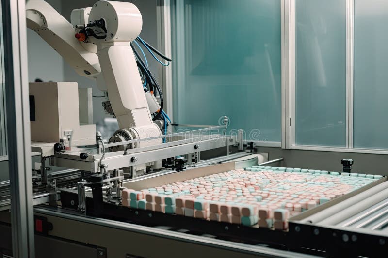 Packaging and sorting robot, packaging products with different colors and shapes stock illustration