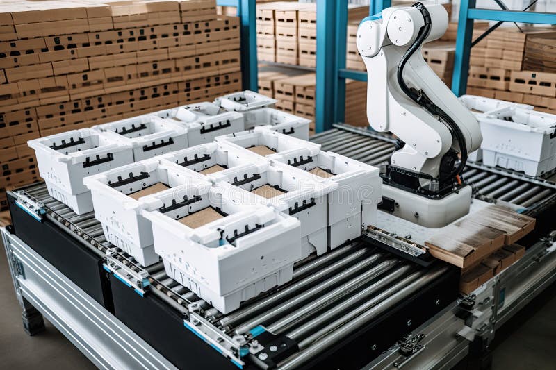 Packaging and sorting robot, sorting products into different boxes and crates royalty free illustration
