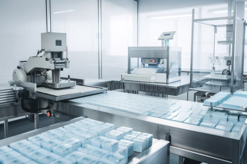Packaging and sorting robot working in clean room, with sterile packaging materials visible vector illustration