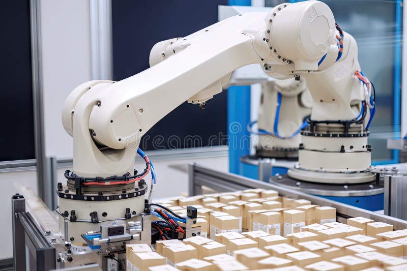 Packaging and sorting robots, busy at work in factory, packaging products stock illustration