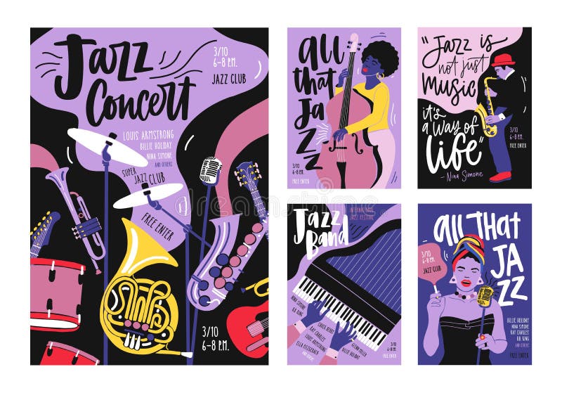 Packe av affisch-, inbjudan- och reklambladmallar för jazzmusikfestivalen, konsert, parti med musikinstrument vektor illustrationer Packe av affisch-, inbjudan- och reklambladmallar för jazzmusikfestivalen, konsert, parti med musikinstrument vektor illustrationer