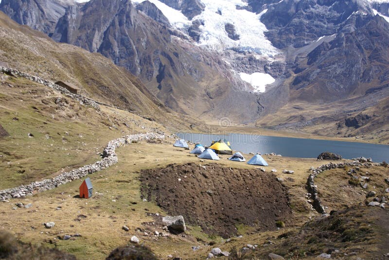 Trekking camp with pack mules and donkeys, Carhuacocha Lake, Andes, Peru, South America. Trekking camp with pack mules and donkeys, Carhuacocha Lake, Andes, Peru, South America