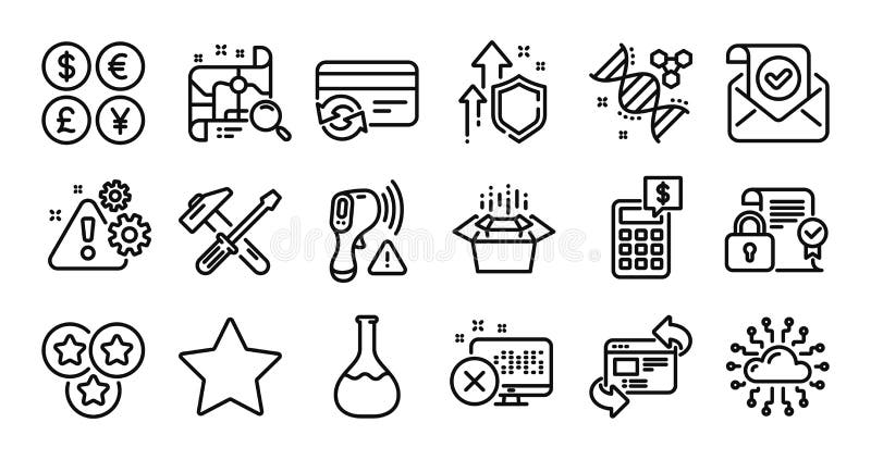 Packing boxes, Change card and Reject access line icons set. Vector royalty free illustration