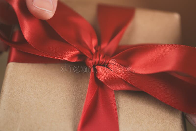 Packing Gift Box with Red Ribbon Stock Image Image of female, ribbon