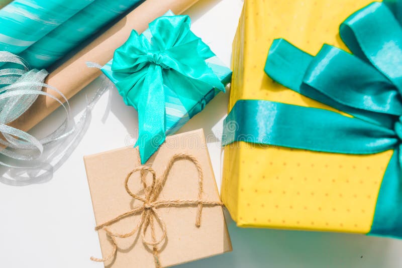 Packing Gift Box with Wrapping Paper Stock Photo Image of package