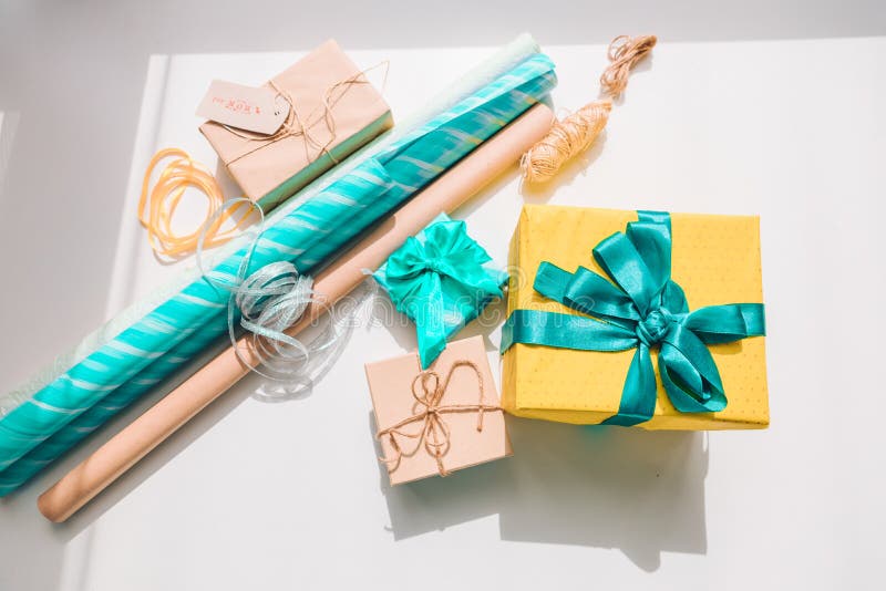 Packing Gift Box with Wrapping Paper Stock Photo Image of packaging