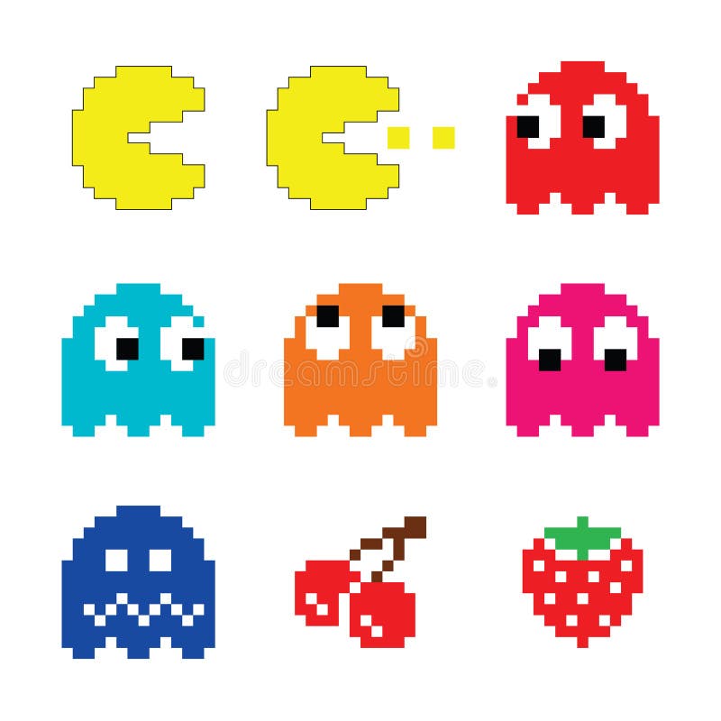 Pacman and ghosts 80 s computer game icons set