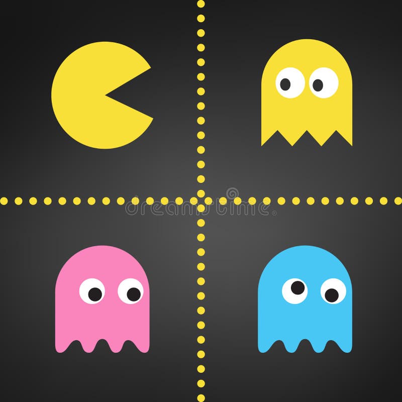 Pacmanreeks, Vlakke geplaatste glimlachpictogrammen, Pac-mensenkarakter, gameboy ruimtespelinzameling, spook vectordieillustratie stock illustratie Pacmanreeks, Vlakke geplaatste glimlachpictogrammen, Pac-mensenkarakter, gameboy ruimtespelinzameling, spook vectordieillustratie stock illustratie