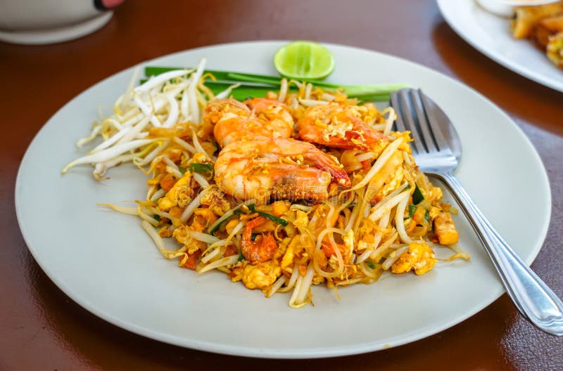 Pad Thai Goong Sod on a White Plate Stock Image Image of lunch, asia