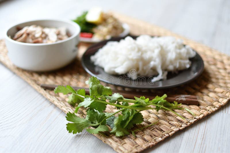 Fresh Pho Noodles on a Plate. Wide Flat Rice Noodles. Side View. Stock