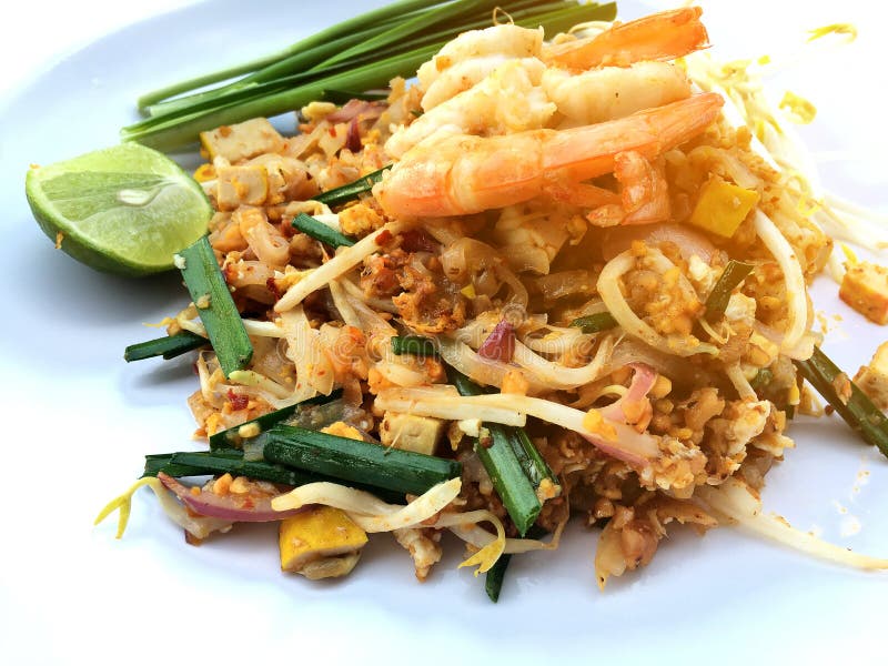 Pad Thai, Stir-fried Rice Noodles with Shrimp in White Dish on White