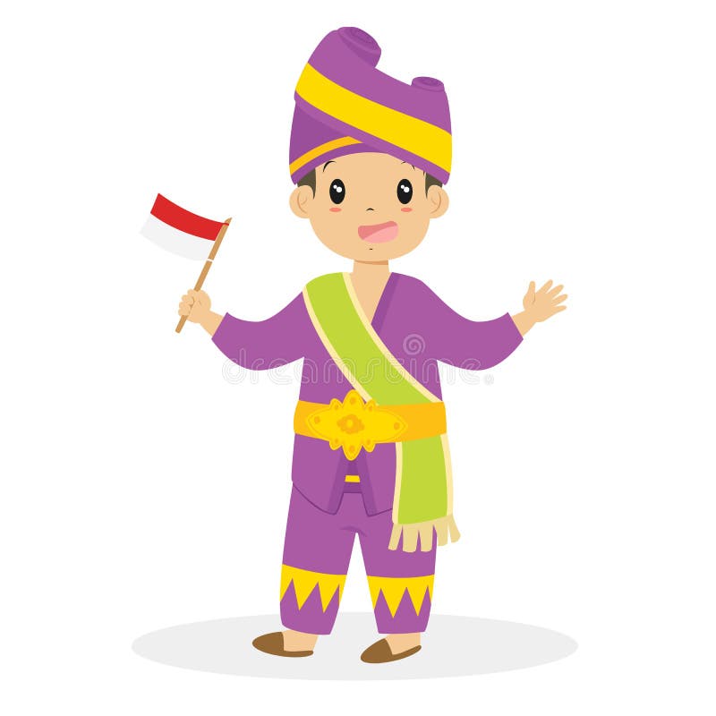 Padang Boy Holding Indonesian Flag Traditional Dress Cartoon Vector