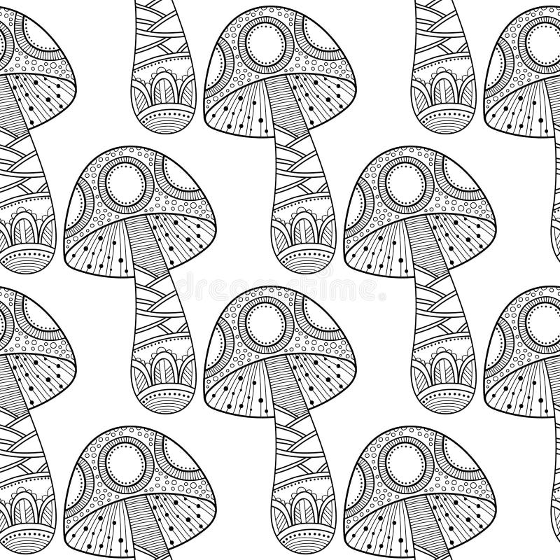 Paddestoelen Zwart-witte illustratie, naadloos patroon voor het kleuren van boek, pagina's stock illustratie Paddestoelen Zwart-witte illustratie, naadloos patroon voor het kleuren van boek, pagina's stock illustratie