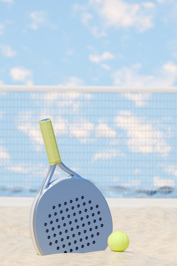 Paddle tenis racket and ball podczas słonecznego meczu na wolnym powietrzu. ilustracji