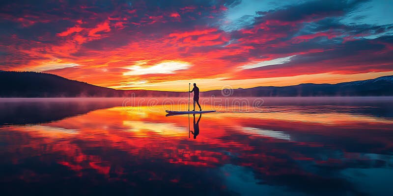 Paddleboard Sunrise paisible sur un lac MirrorLike pour une évasion rafraîchissante et méditative illustration libre de droits