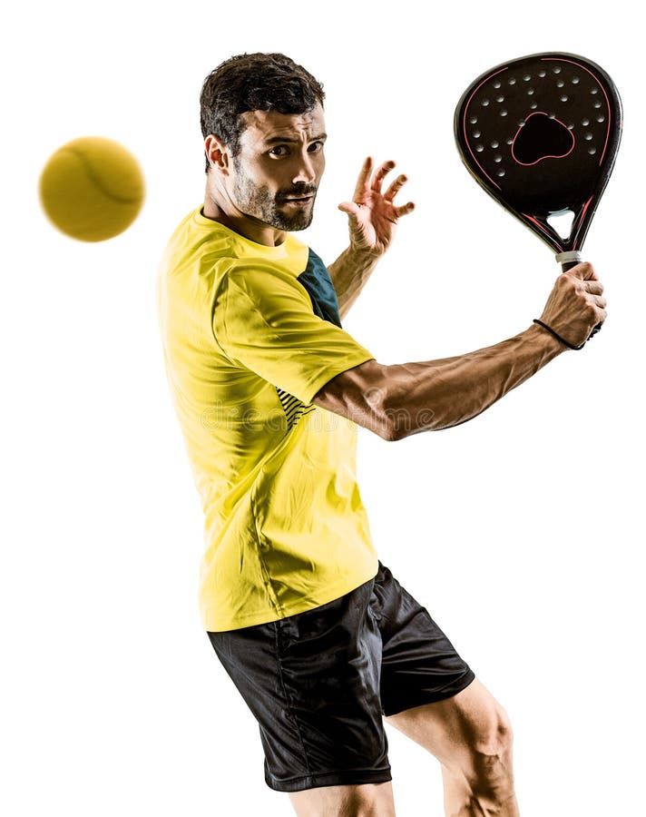 One caucasian man playing Padel tennis player isolated on white background. One caucasian man playing Padel tennis player isolated on white background