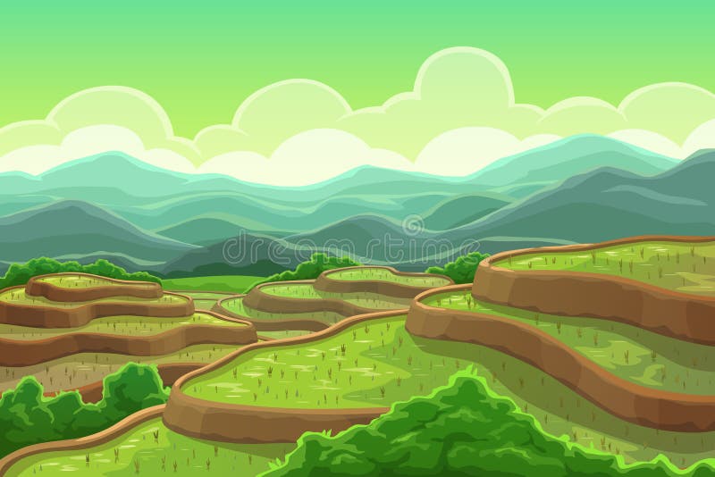 Padieveldenaanplanting, het landschap van de bergcascade vector illustratie Padieveldenaanplanting, het landschap van de bergcascade vector illustratie