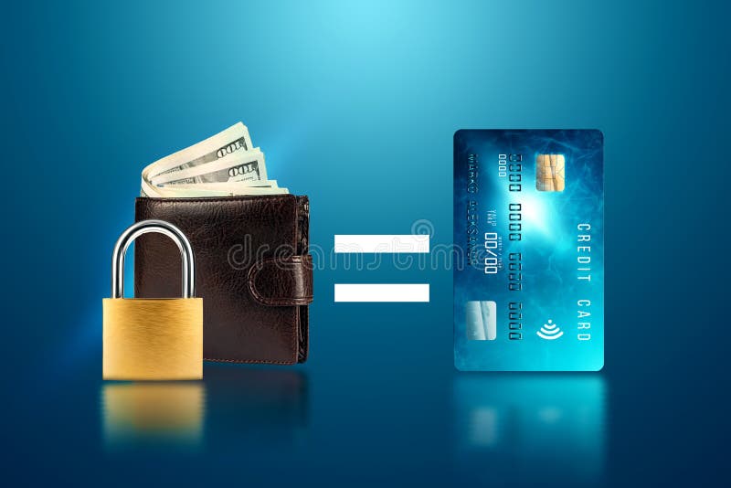 Padlock on the background of a wallet with money equals a credit card. The concept of protecting money, saving savings, bank royalty free illustration