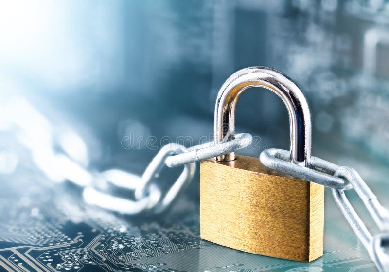 Padlock with chain on electronic printed circuit board. IT, internet protection, computer safety. Network Security, data security royalty free stock photos Padlock with chain on electronic printed circuit board. IT, internet protection, computer safety. Network Security, data security royalty free stock photos