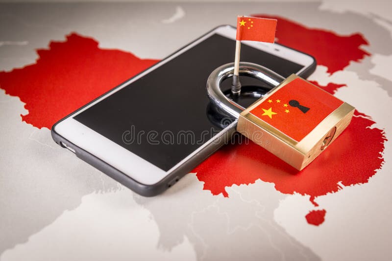 Padlock, China flag on a smartphone and China map. Great Firewall of China concept