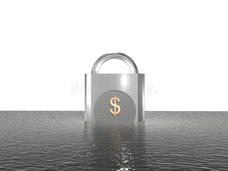 Padlock with dollar symbol in ocean