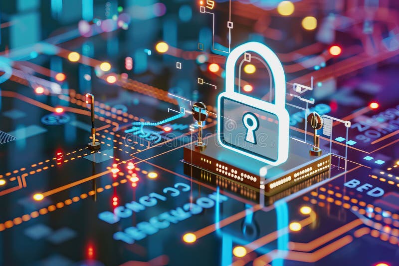 Padlock holográfico entre flujos de datos y código binario en la configuración de seguridad de alta tecnología. generado por ai