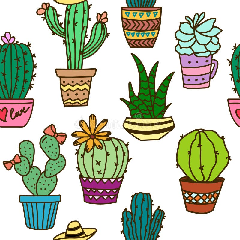 Cacto Fofo Com Rostos. Personagens De Plantas De Vaso Succulto De