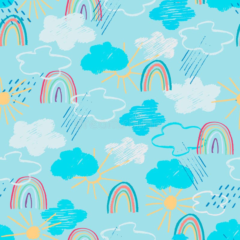 padrão perfeito com estrelas, sol kawaii, nuvens e arco-íris