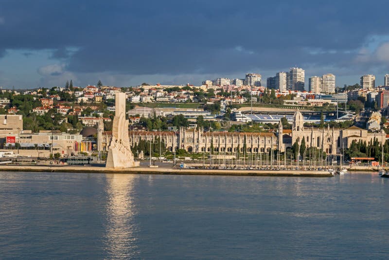 Padrao dos Descobrimentos, Belem Marina and Jeronimos Monastery in Lisbon, Portugal. Northern bank of the Tagus River with Padrao dos Descobrimentos Monument of