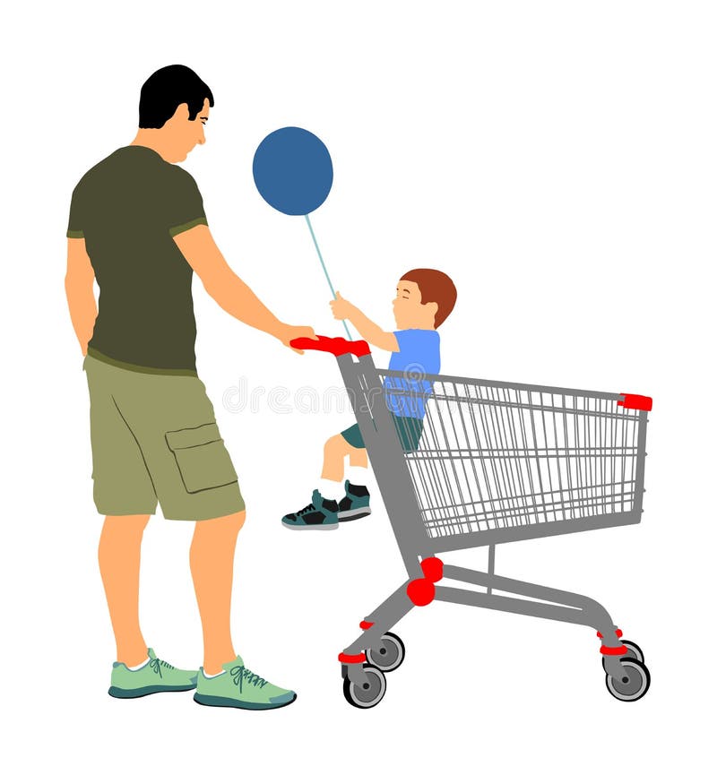 Padre Con El Niño Pequeño En Carro De La Compra Sirva Hacer La Compra Diaria Del Ultramarinos En El Supermercado Después De Traba Stock de ilustración - Ilustración de después, sirva: 121512790