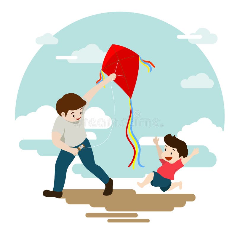 Padre e figlio che giocano aquilone rosso sul fondo del cielo blu royalty illustrazione gratis Padre e figlio che giocano aquilone rosso sul fondo del cielo blu royalty illustrazione gratis