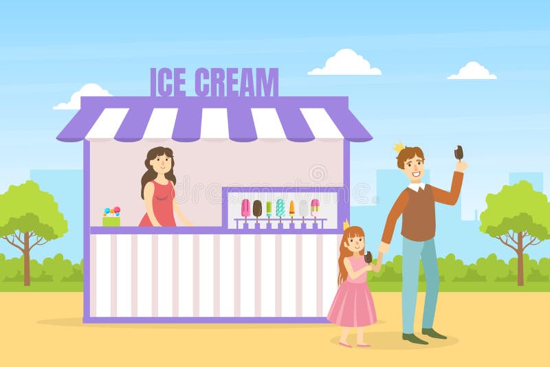 Padre y su hija comprando helado padre pasando buen tiempo con su hijo en el parque de la ciudad ilustración vectorial al estilo plano.