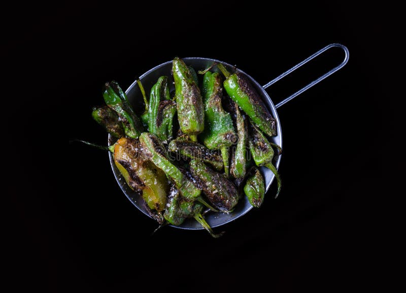 Padron Peppers Roasted in a Frying Pan Stock Image Image of green