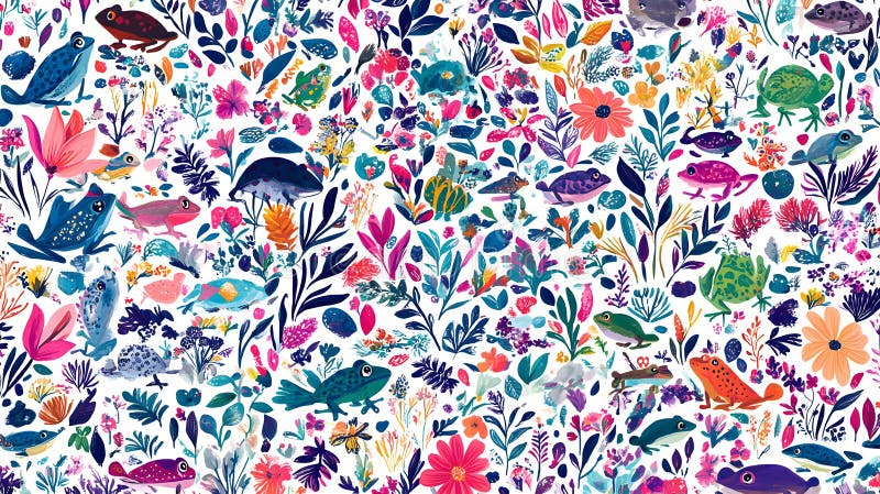 Padrão contínuo de rãs e flores vibrantes fotos de stock